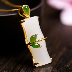 Sterling Silver Hetian Jade Bamboo Pendant Necklace