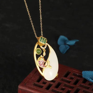 Silver Hetian Jade Koi Pendant Necklace Chinese Retro Charm Women Jewelry
