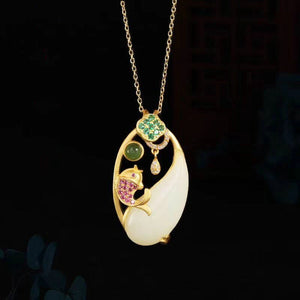 Silver Hetian Jade Koi Pendant Necklace Chinese Retro Charm Women Jewelry