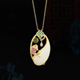 Silver Hetian Jade Koi Pendant Necklace Chinese Retro Charm Women Jewelry