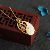 Silver Hetian Jade Koi Pendant Necklace Chinese Retro Charm Women Jewelry