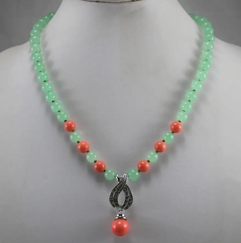 8mm Green Jade Mixed Orange Pearl Necklace + Shell Pearl Pendant