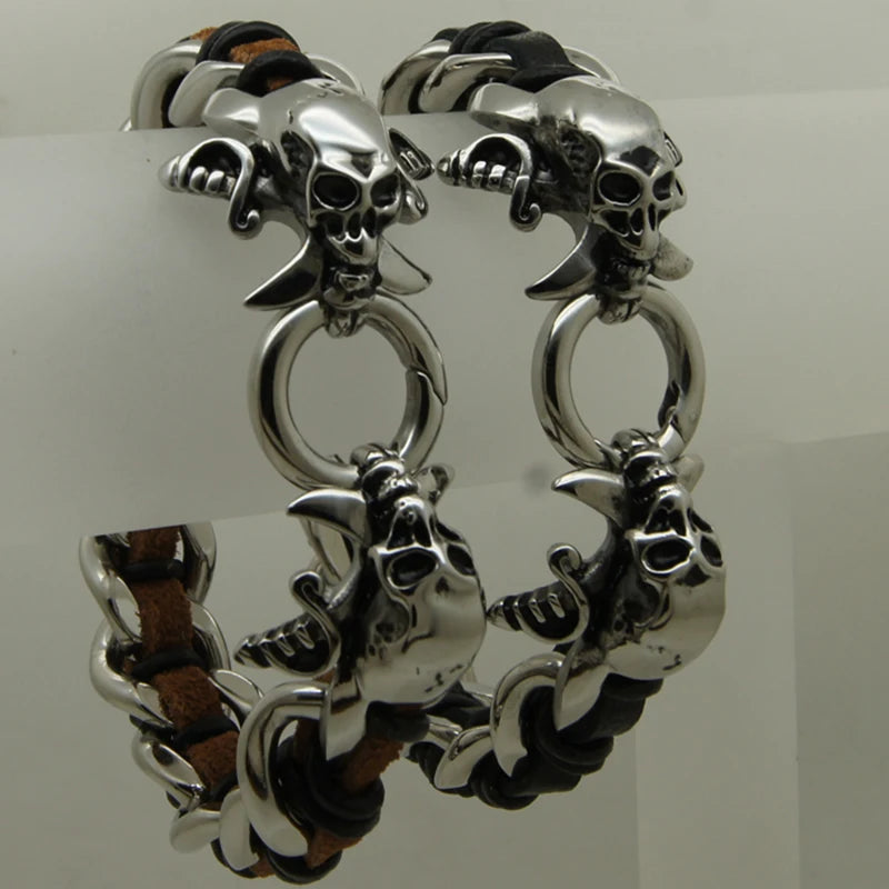 Skull Cross Sword Leather Stainless Steel Bracelet