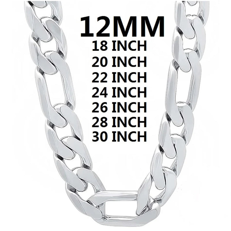 925 Silver Men's Cuban Chain Necklace 12MM 18-30 inch Wedding Jewelry