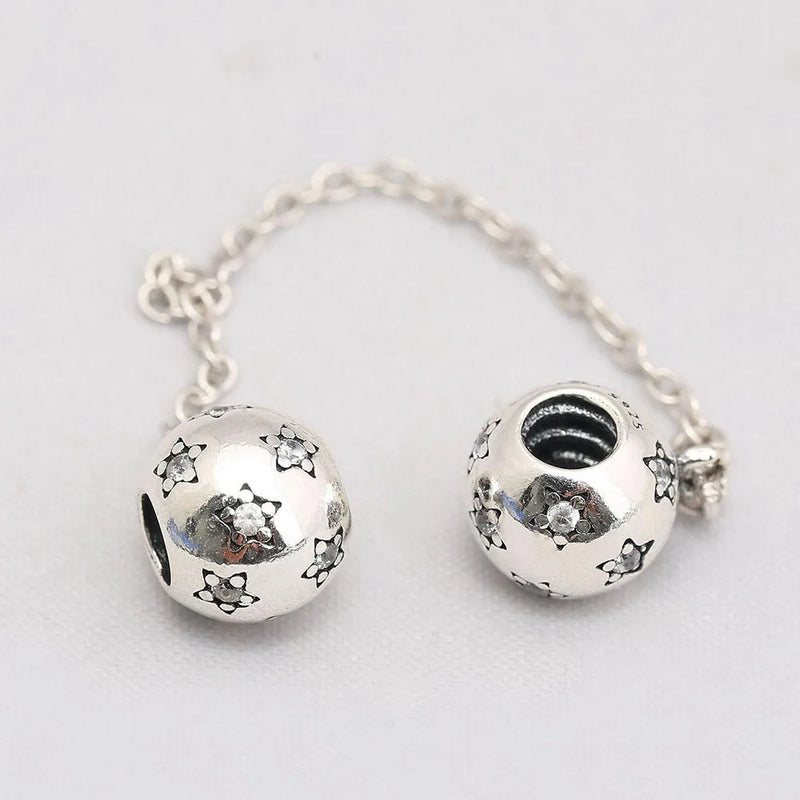 925 Silver Star Safety Chain Charm Beads Fit Bracelet S925 Fine Jewelry
