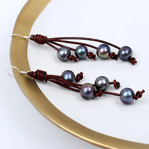 925 Silver Hook Leather Peacock Pearl Earrings