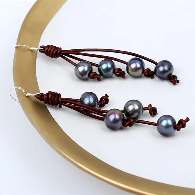 925 Silver Hook Leather Peacock Pearl Earrings