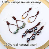 925 Silver Hook Leather Peacock Pearl Earrings