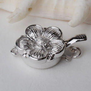 925 Sterling Silver Flower Blossom Clasp Rhodium Finish Necklace Buckle
