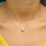Delicate Single Stone Necklace 5mm Bezel Box Chain Girl Jewelry