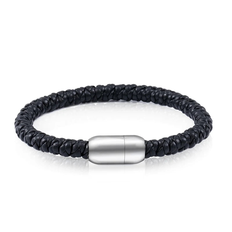 Men's Leather Bangle Bracelet Stainless Steel Charm Jewelry