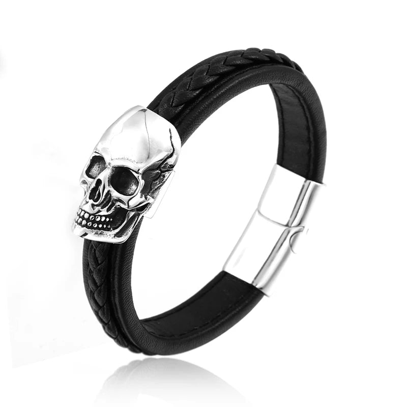 Steel Soldier Stainless Steel Punk Skull Leather Bracelet