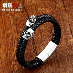 Steel Soldier Stainless Steel Punk Skull Leather Bracelet