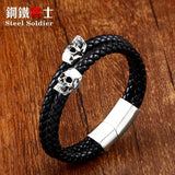 Steel Soldier Stainless Steel Punk Skull Leather Bracelet