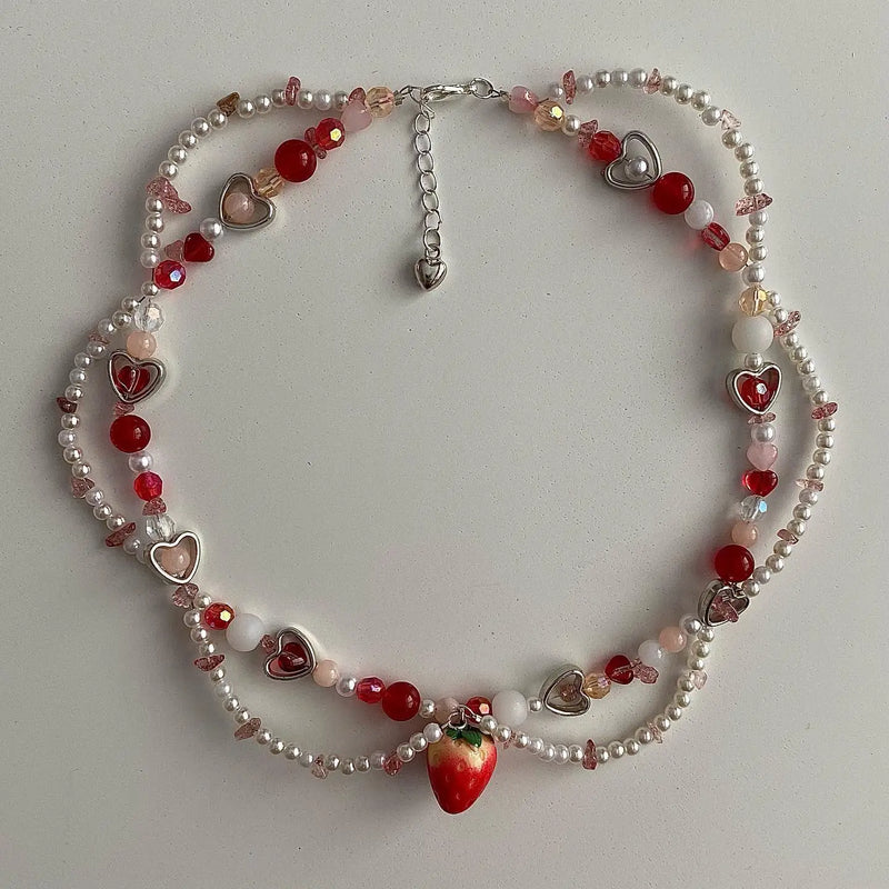 Strawberry Necklace Pearls Beaded Y2K Choker Glass Beaded Necklace