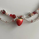 Strawberry Necklace Pearls Beaded Y2K Choker Glass Beaded Necklace