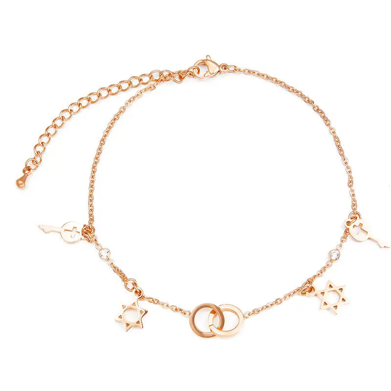 Rose Hexagonal star Round Anklets Women Stainless Steel Charm Gift