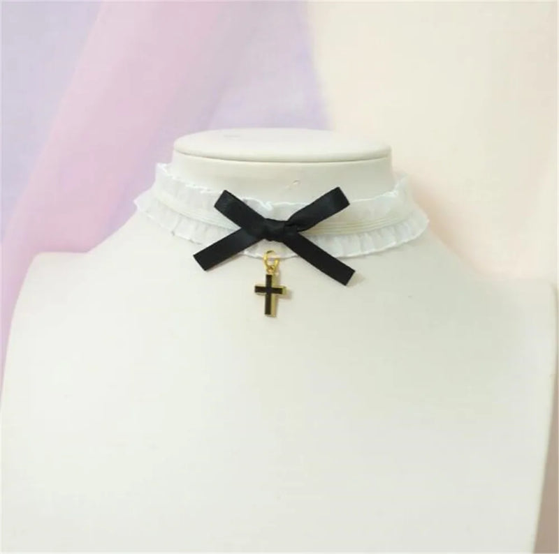 Cross Pendant Bow Choker Ribbon Chain Necklace B972