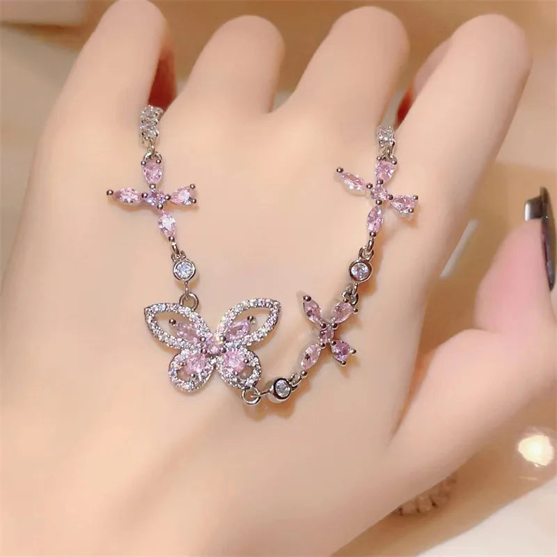Pink Butterfly Asymmetric Necklace