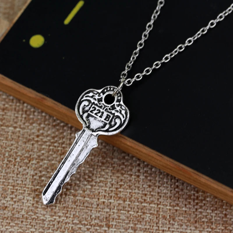 Vintage 221b Key Necklace Sherlock Pendant Bronze Men Women 10 Pcs