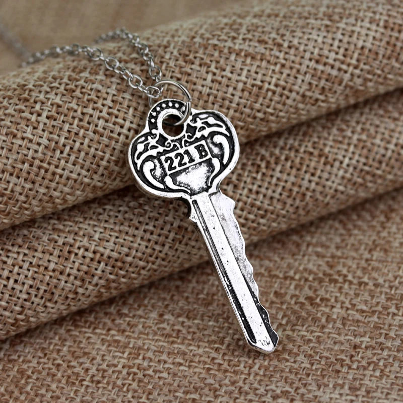Vintage 221b Key Necklace Sherlock Pendant Bronze Men Women 10 Pcs