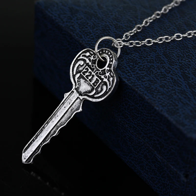 Vintage 221b Key Necklace Sherlock Pendant Bronze Men Women 10 Pcs