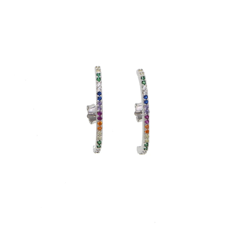 925 Silver Rainbow CZ Earring, Delicate CZ Curved Bar Minimal Silver Wire