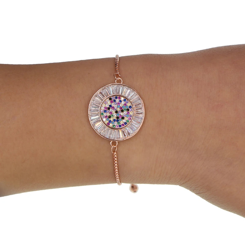 CZ Box Chain Slider Bracelet with Round Disco Charm