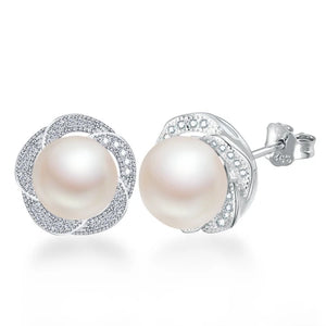 Freshwater Pearl Stud Earrings Sterling Silver Flower Jewelry