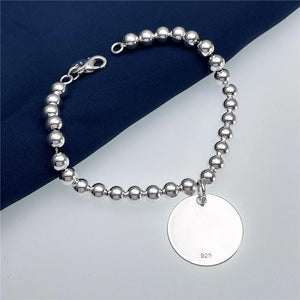 925 Silver Heart Pendant Bracelet 6MM Beads Chain for Women