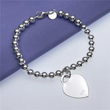 925 Silver Heart Pendant Bracelet 6MM Beads Chain for Women