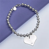 925 Silver Heart Pendant Bracelet 6MM Beads Chain for Women