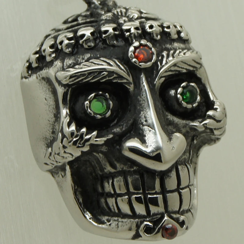 Green Eyes King Skull Stainless Steel Biker Necklace Pendant