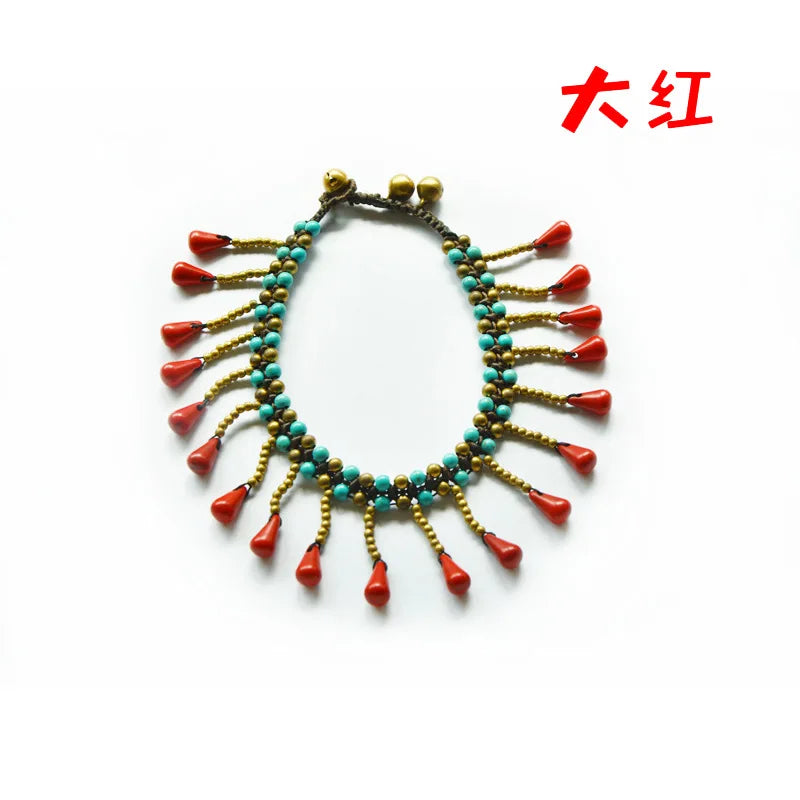Turquoise Water Drop Pendant Beach Anklet Thai Wax Thread