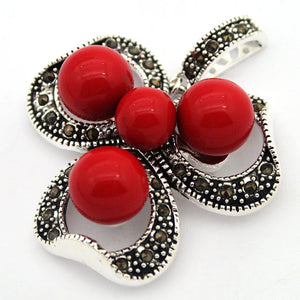 Vintage 925 Silver Red Coral Marcasite Pendant Necklace