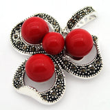 Vintage 925 Silver Red Coral Marcasite Pendant Necklace