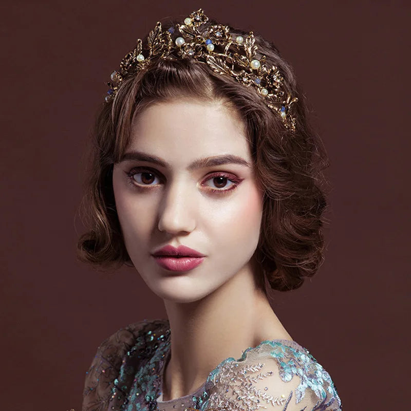 Vintage Baroque Crystal Pearl Tiara Headband Wedding Hair Jewelry