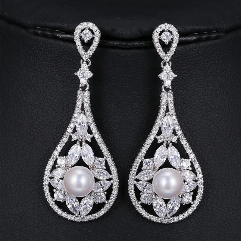 CZ Ear Clips with Pearl Earrings for Wedding Jewelry