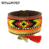 Bohemian Beaded Leather Wrap Bracelet with Tassel Detail