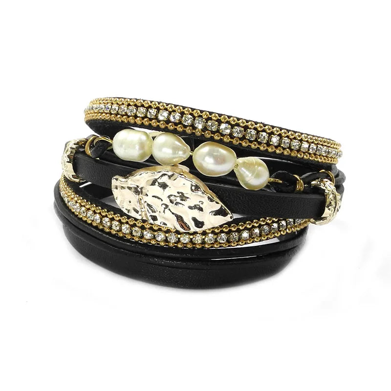 Boho Leather Bracelets with Freshwater Pearls - Women's Jewelry