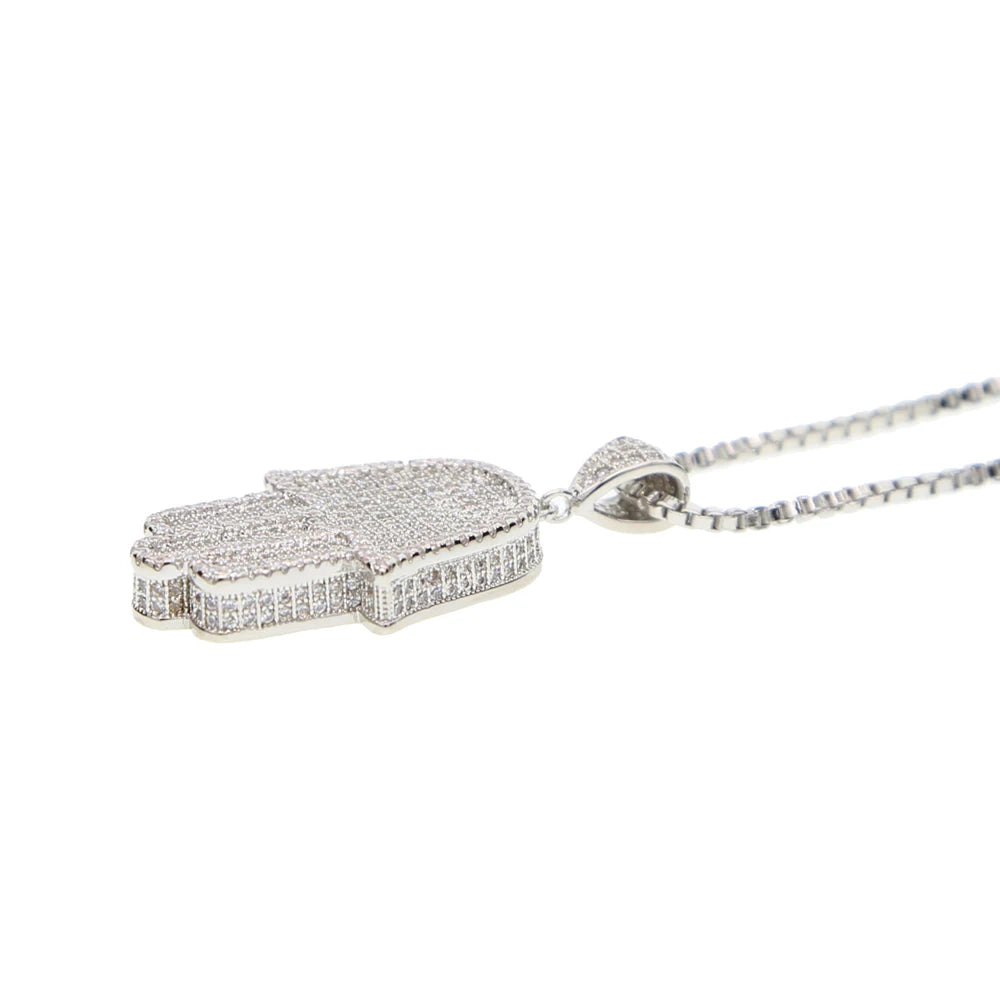 Hip Hop Bling Micro Pave CZ Hamsa Hand Chain Necklace