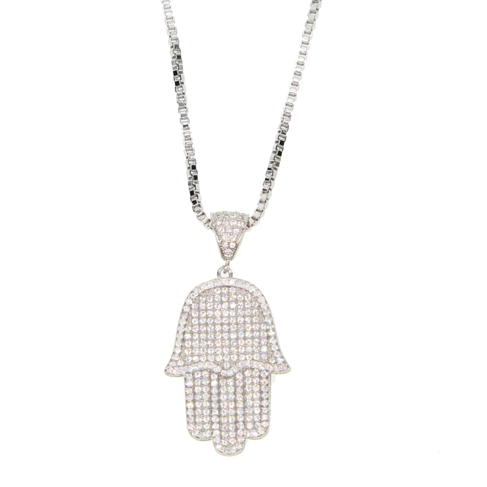 Hip Hop Bling Micro Pave CZ Hamsa Hand Chain Necklace