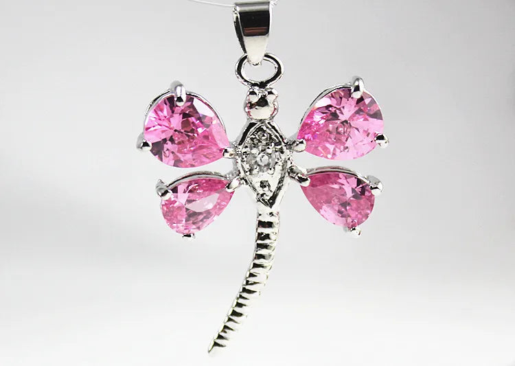 Pink Zircon Dragonfly Pendant Necklace Jewelry