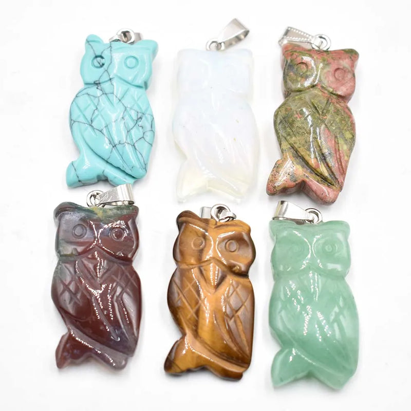 6pcs Owl Charms Quartz Crystal Pendants for Jewelry Making