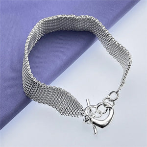 925 Sterling Silver Mesh Heart Bracelet Wedding Charm Jewelry 16MM