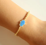 Fire Opal Hamsa Hand Charm Bracelet with CZ Chain Slider 925 Silver