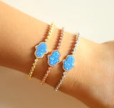 Fire Opal Hamsa Hand Charm Bracelet with CZ Chain Slider 925 Silver