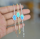 Fire Opal Hamsa Hand Charm Bracelet with CZ Chain Slider 925 Silver