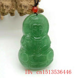 Green Jade Guanyin Buddha Pendant Necklace Hand-Carved Man Luck Amulet