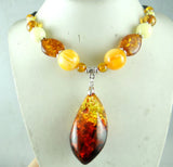 Modernist Waterdrop Golden Honey Pressed Amber Necklace